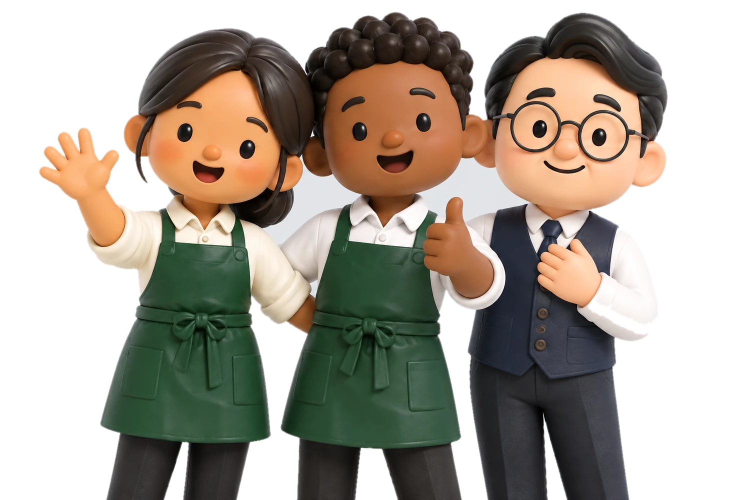 接客の制服を着た外国人スタッフ2名と日本人の店長が並んで笑顔で立つ3Dイラスト
