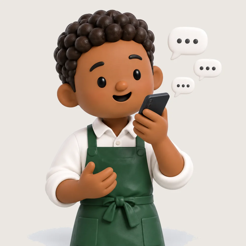 外国人スタッフがスマホに話しかけ、画面から吹き出しのアイコンが出ている3Dイラスト