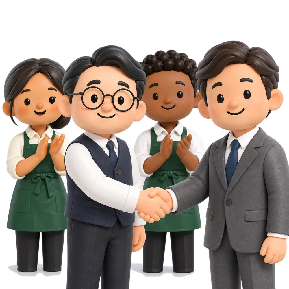店長と取引先の担当者が握手し、外国人スタッフが拍手する3Dイラスト