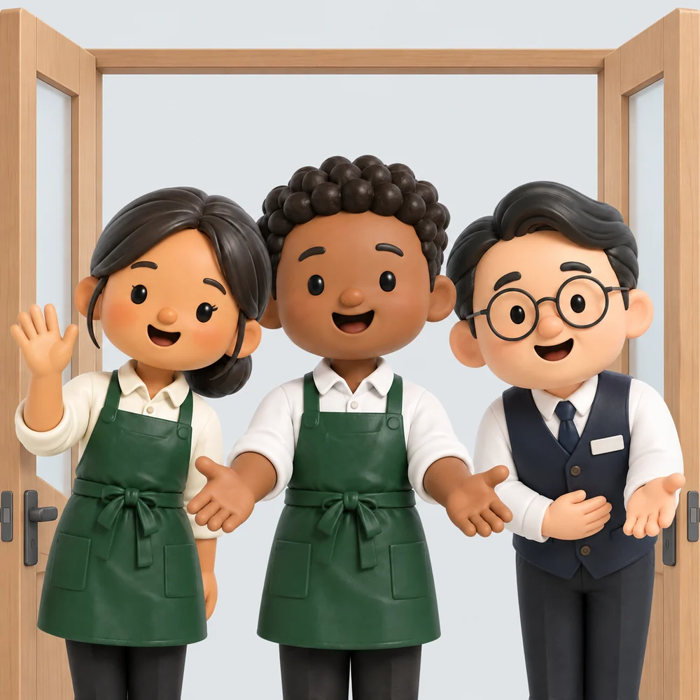 ドアの前で両手を広げて迎える笑顔の3人の3Dイラスト
