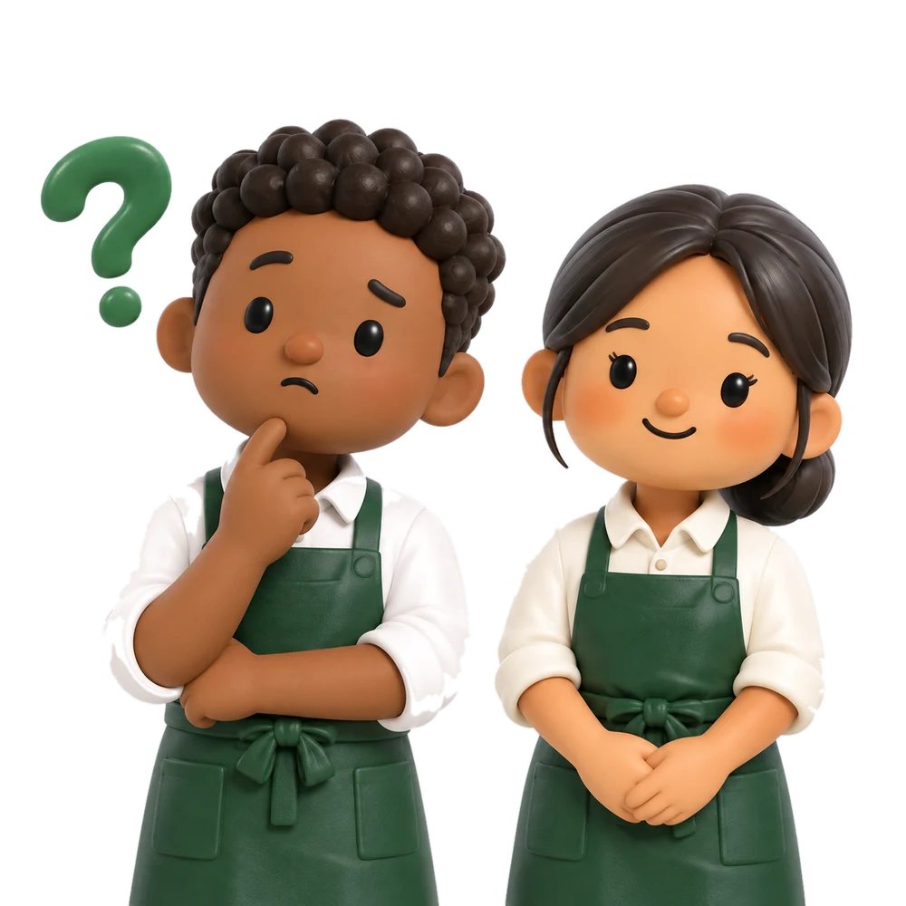 首をかしげる外国人スタッフに、疑問符のマークと、安心させるように微笑む仲間の3Dイラスト