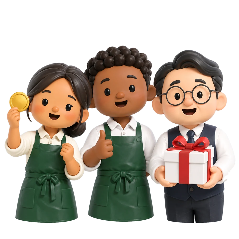 ギフトの箱とコインを持って笑顔の3人の3Dイラスト