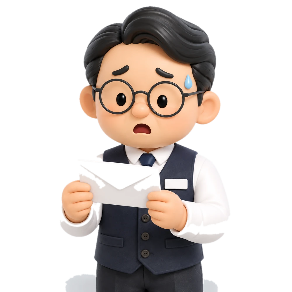 封筒を手に驚く店長の3Dイラスト